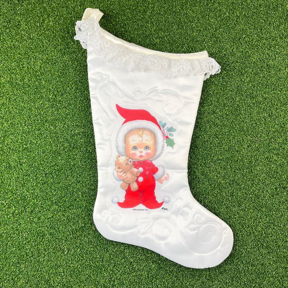 Vintage Morehead Holly Babes Baby's First Christmas White Stocking Lace Trim